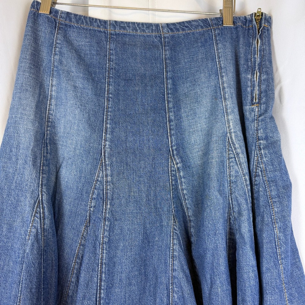 For Joseph Women Blue Denim Paneled Gored Flare Skirt 6 Side Zip Knee Length